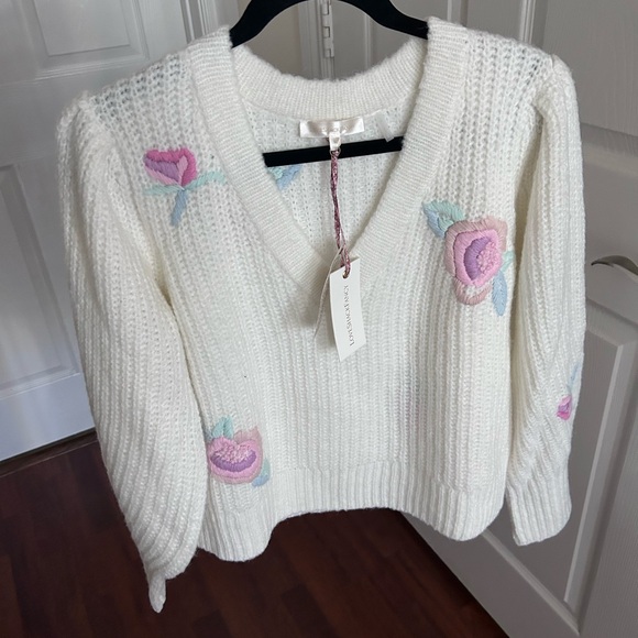 LoveShackFancy Sweaters - NWT LoveShackFancy Ridge V Neck Floral Embroidery Sweater Pullover M